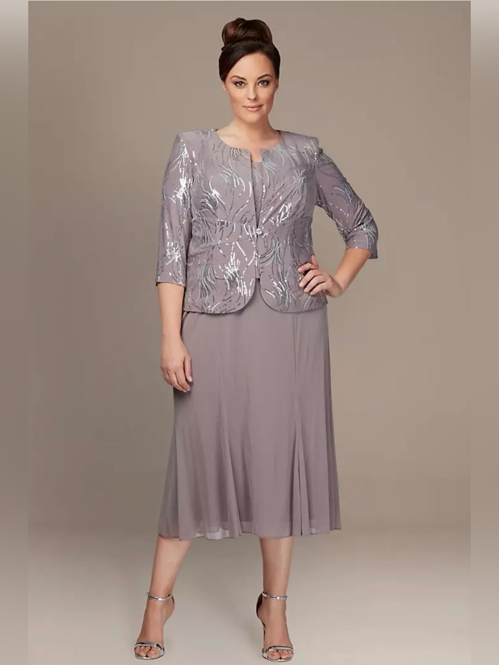 Alex Evenings Sequin Mock Two-Piece Dress with Jacket Size 14 Pewter and Silver